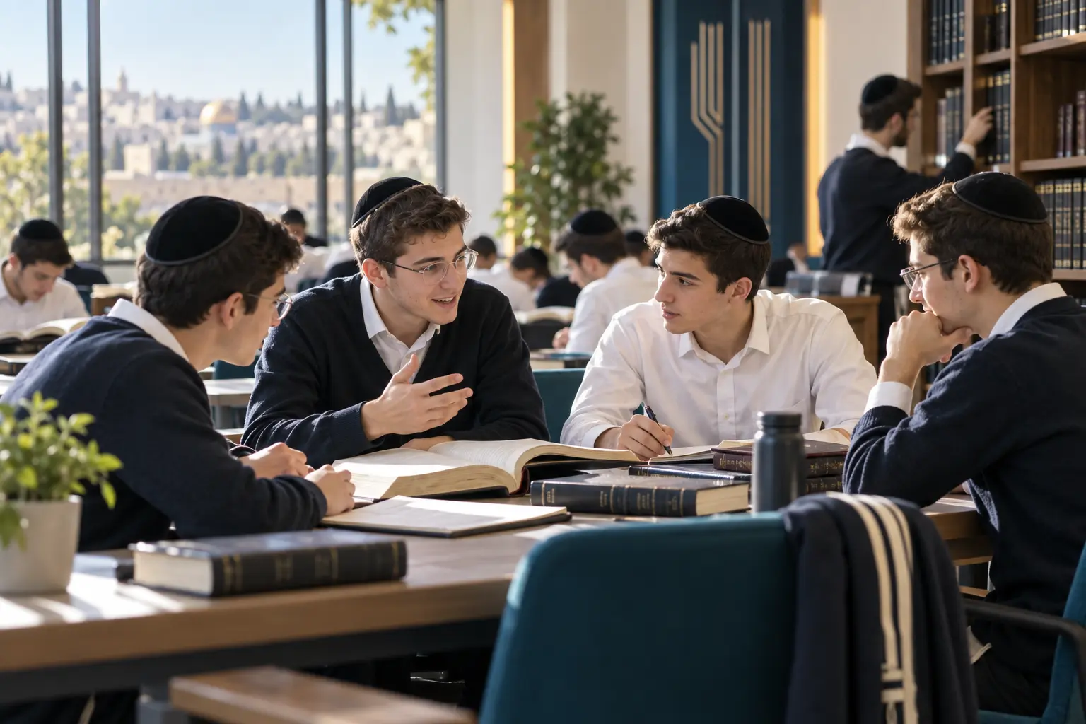תלמידי ישיבה לומדים יחד בבית מדרש